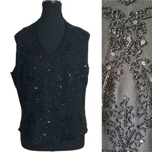 Vintage Hand-Beaded Black Evening Top · Sequined Embellished Sleeveless Blouse